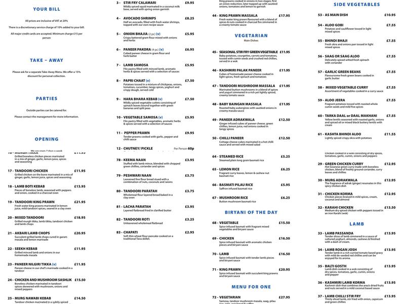 Memories of India Kensington Menu