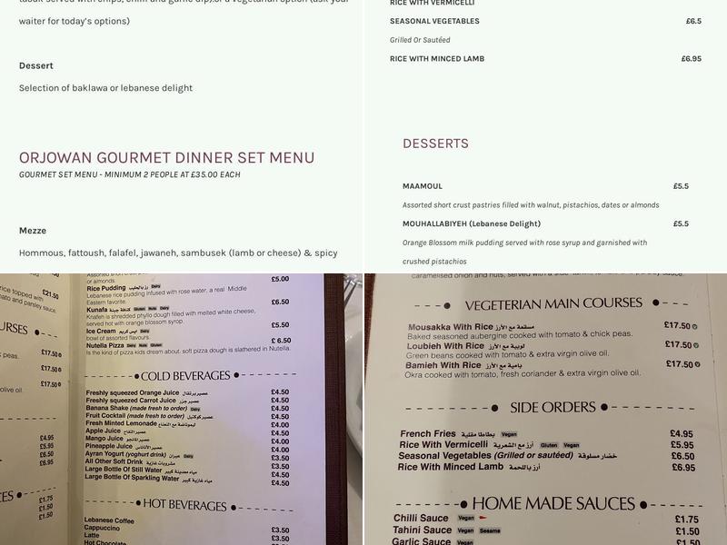 Orjowan, Lebanese Restaurant London Menu