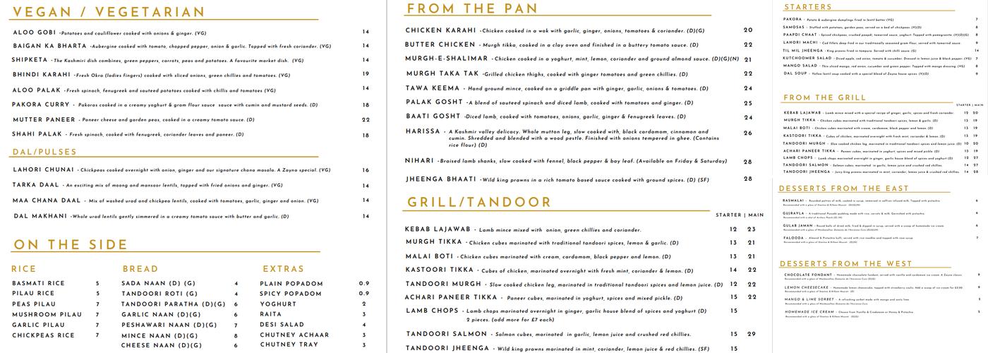 Zayna Menu