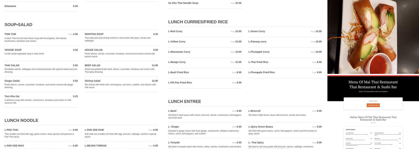 Mai Thai Restaurant Thai Restaurant & Sushi Bar Menu