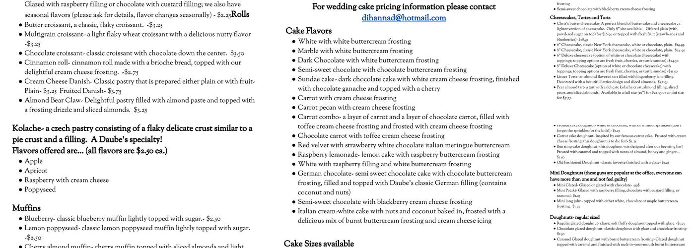 Daube's Main Bakery Menu