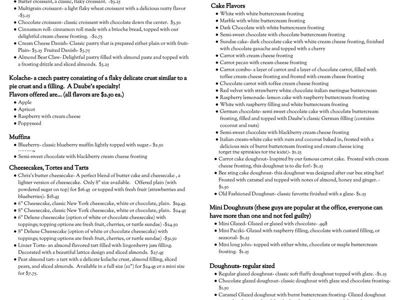Daube's Main Bakery Menu