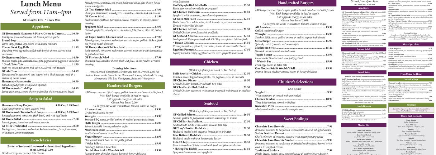 Stella A's Menu