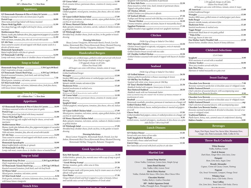 Stella A's Menu