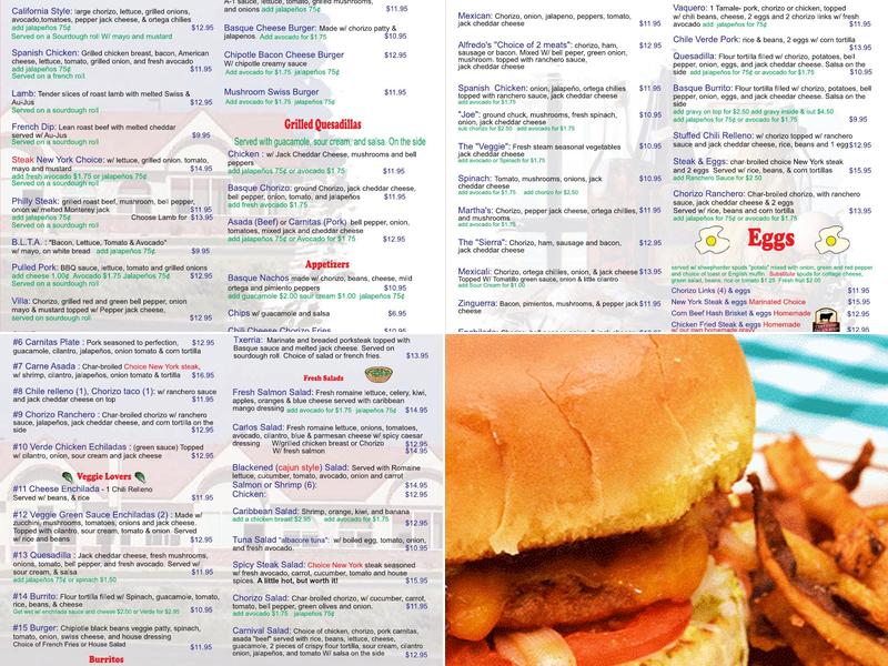 Villa Basque Café Menu