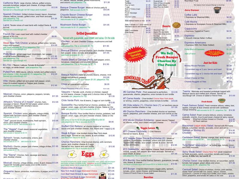 Villa Basque Café Menu