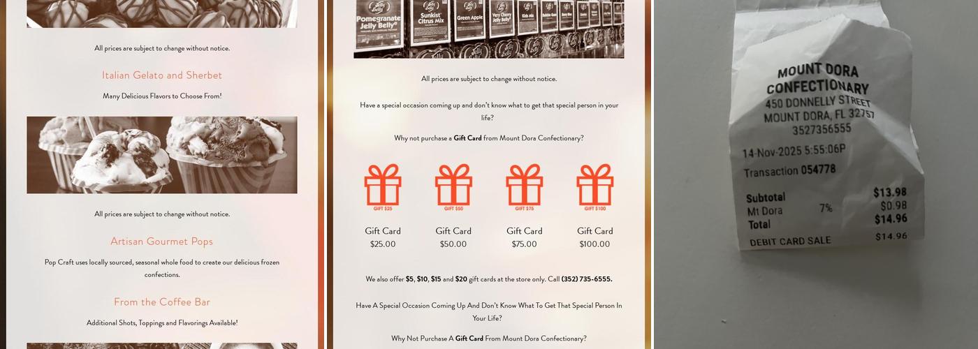 Mount Dora Confectionary Menu