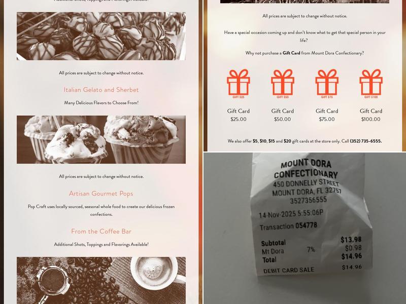 Mount Dora Confectionary Menu