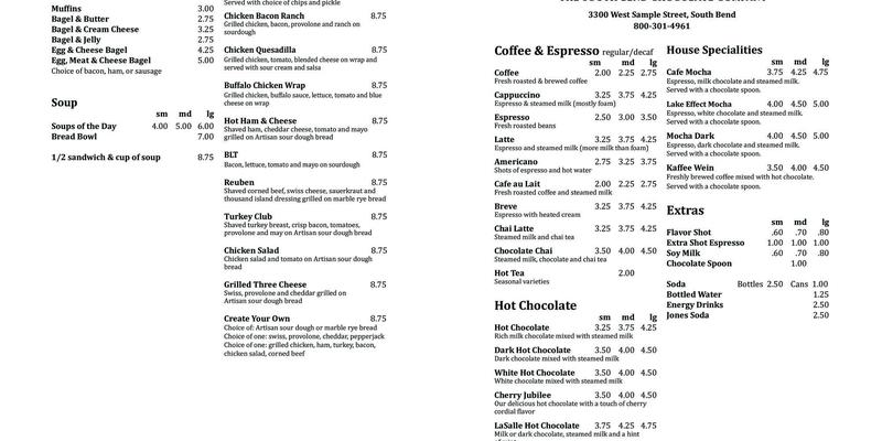 The South Bend Chocolate Company Menu