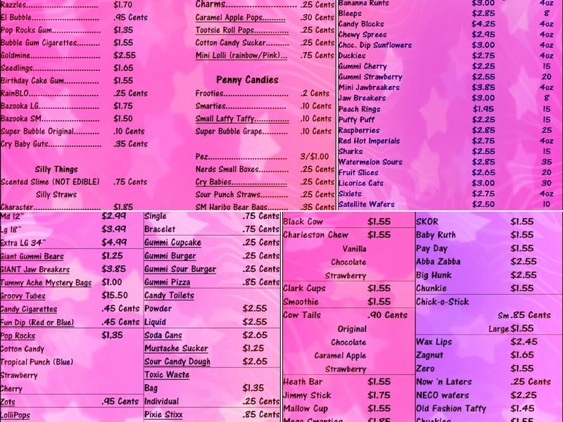 Tummy Ache Candy store Menu
