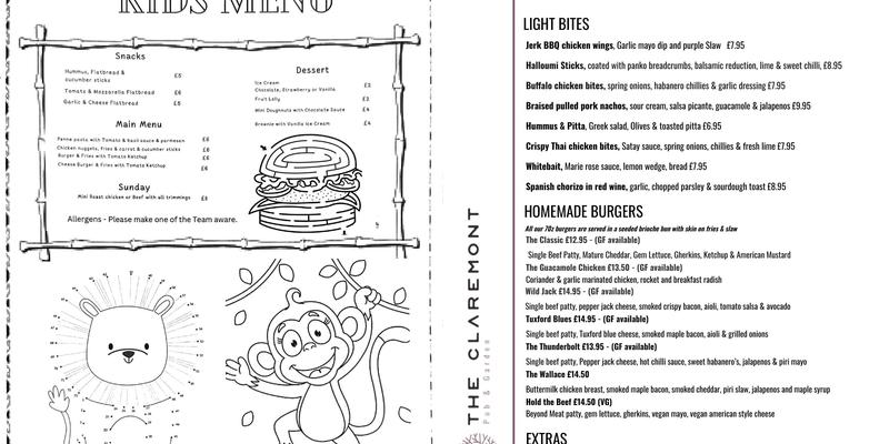 The Claremont Pub and Garden Menu