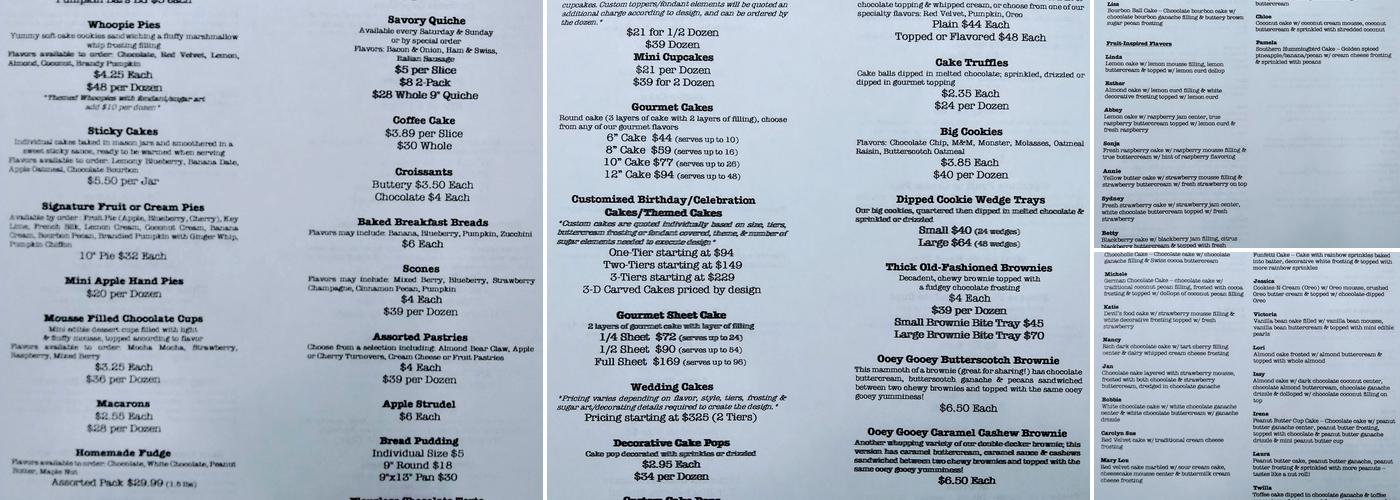 Cream of the Cakes Menu