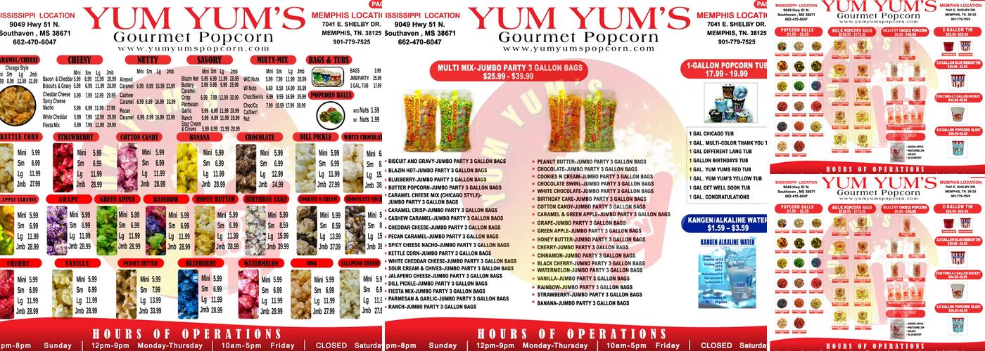 Yum Yum's Popcorn Menu