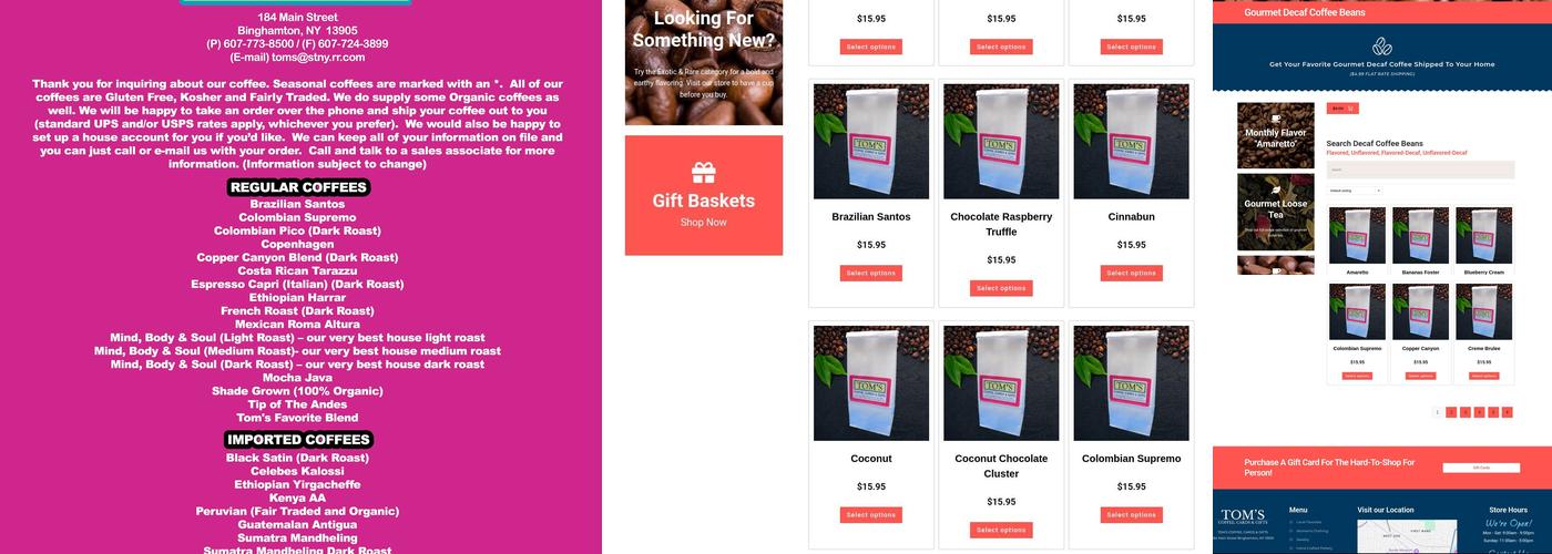 Tom's Coffee Cards & Gifts Menu