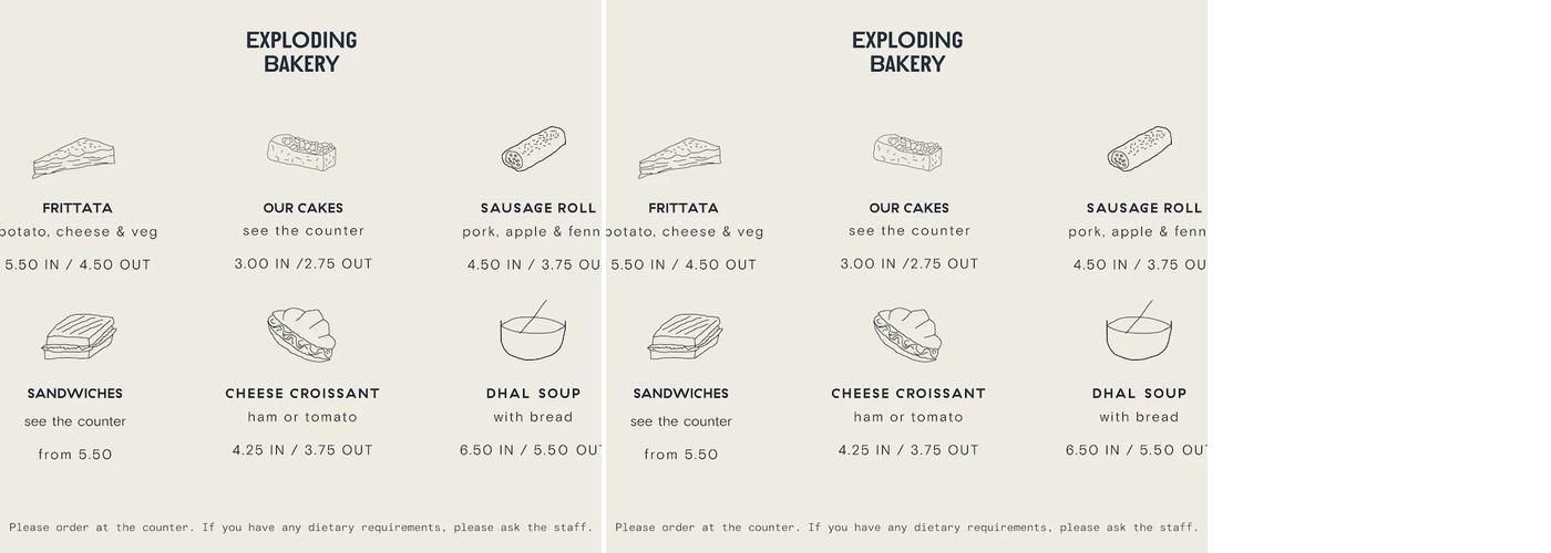 The Exploding Bakery Cafe Menu
