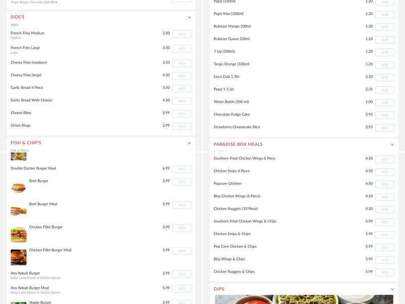 Paradise pizza & kebabs Menu