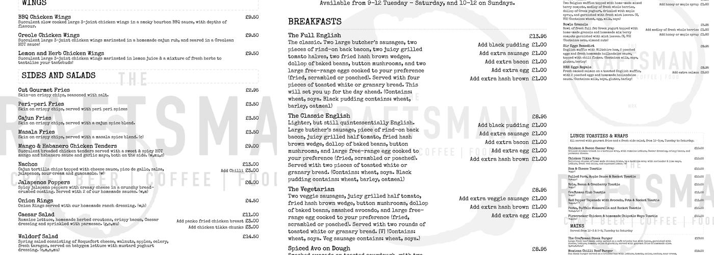 The Craftsman Café & Bar Menu