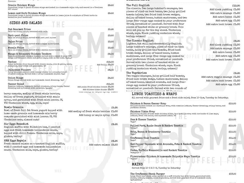 The Craftsman Café & Bar Menu
