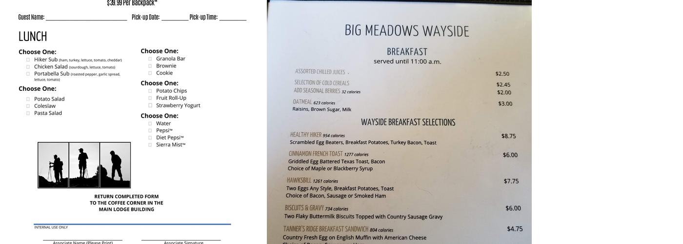 Big Meadows Wayside Menu