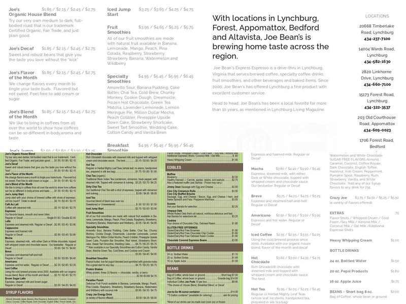 Joe Bean's Express Espresso Menu