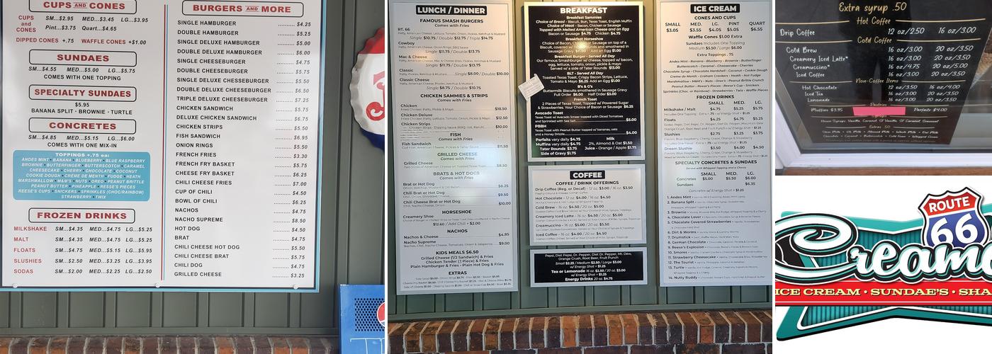 Route 66 Creamery Menu