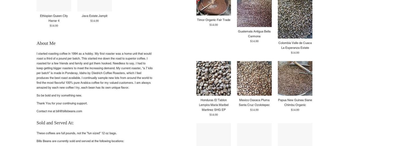 Bills Beans LLC Menu