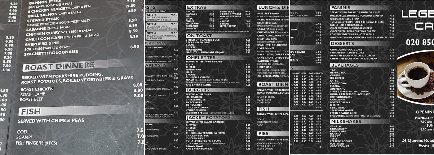 Legends Cafe (Buckhurst Hill) Menu