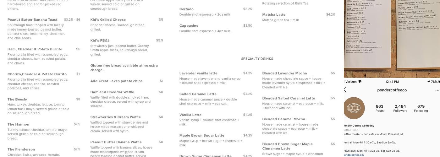 Ponder Coffee Company - Downtown Menu