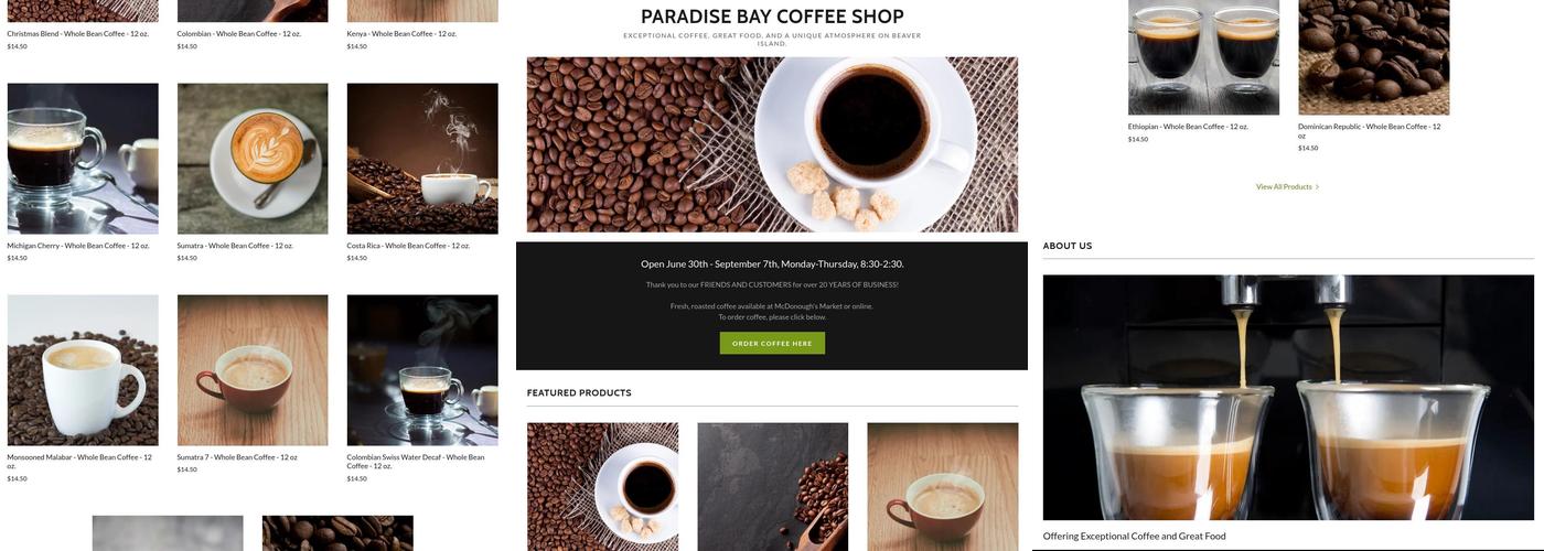 Paradise Bay Coffee Shop, Inc. Menu