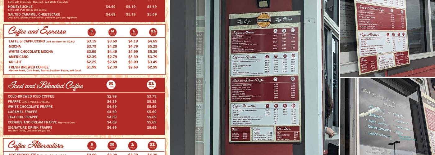 Java Moe's Coffee Company Menu