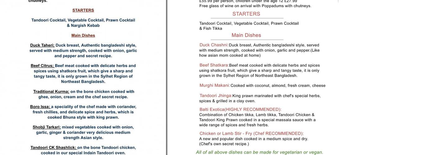 Tattenhall Spice Menu