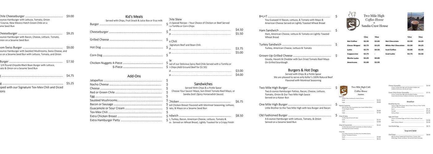 Sandia Crest House Gift Shop Menu