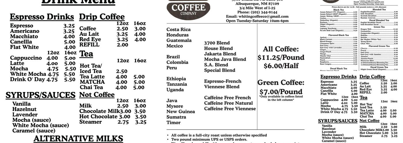Whiting Coffee Co Menu