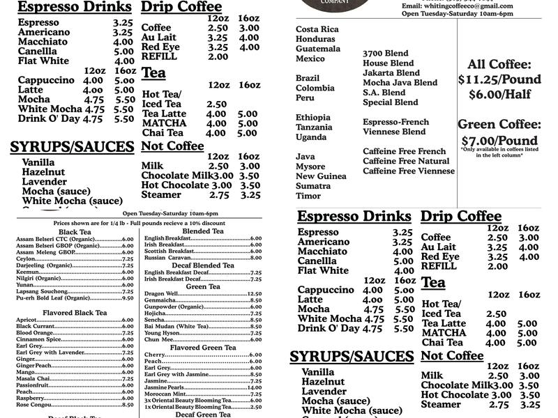Whiting Coffee Co Menu