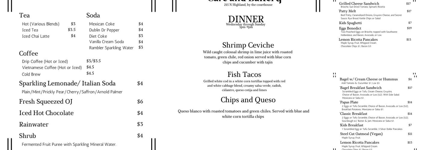 Asters Cafe and Bakery Menu