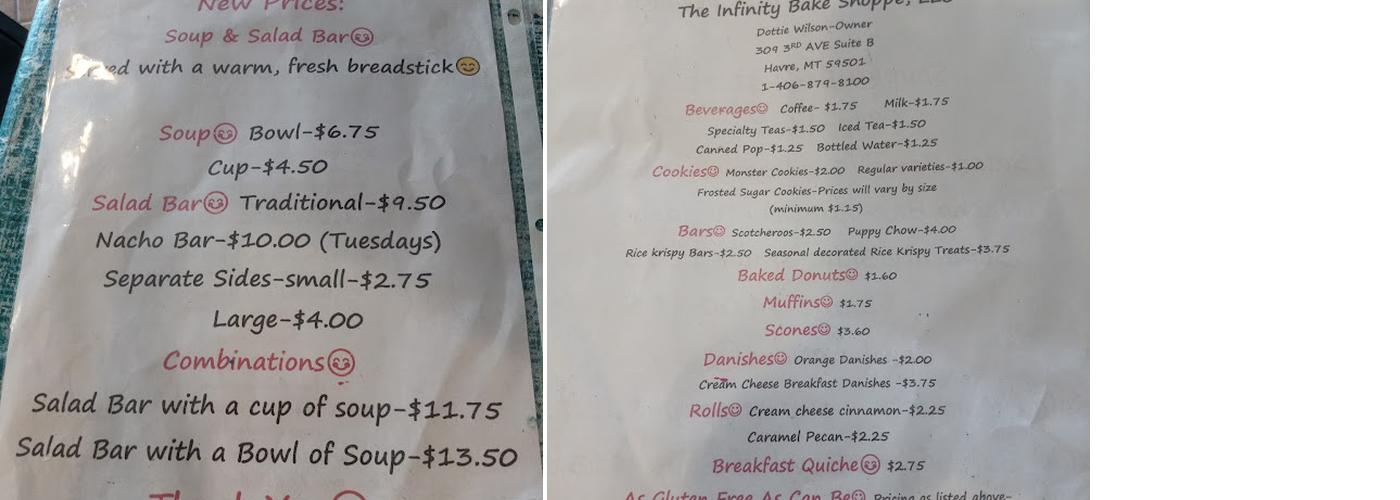 Infinity Bake Shop Menu