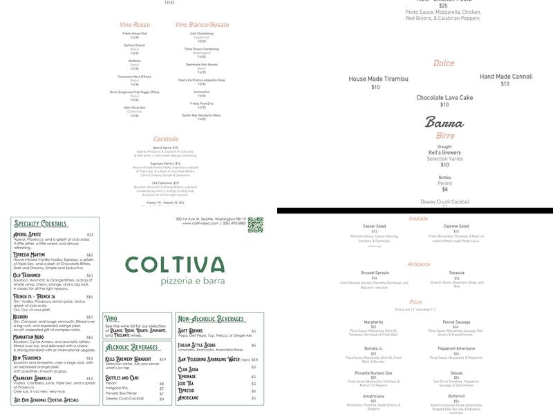 Coltiva Pizzeria Menu