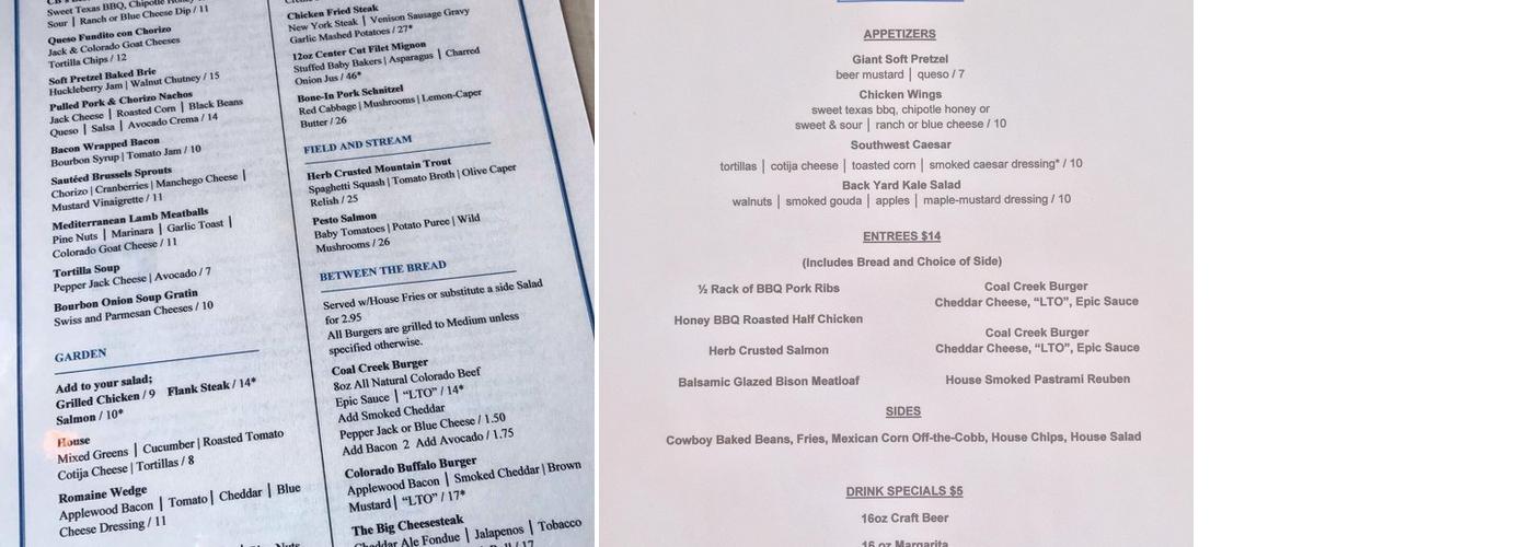 Coal Creek Grill Menu