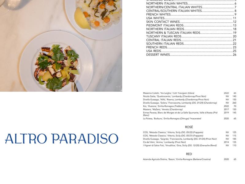 Altro Paradiso Menu