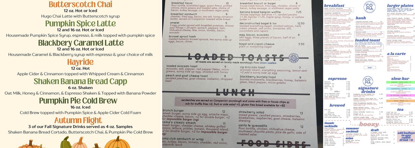 Coma Coffee Roasters Menu