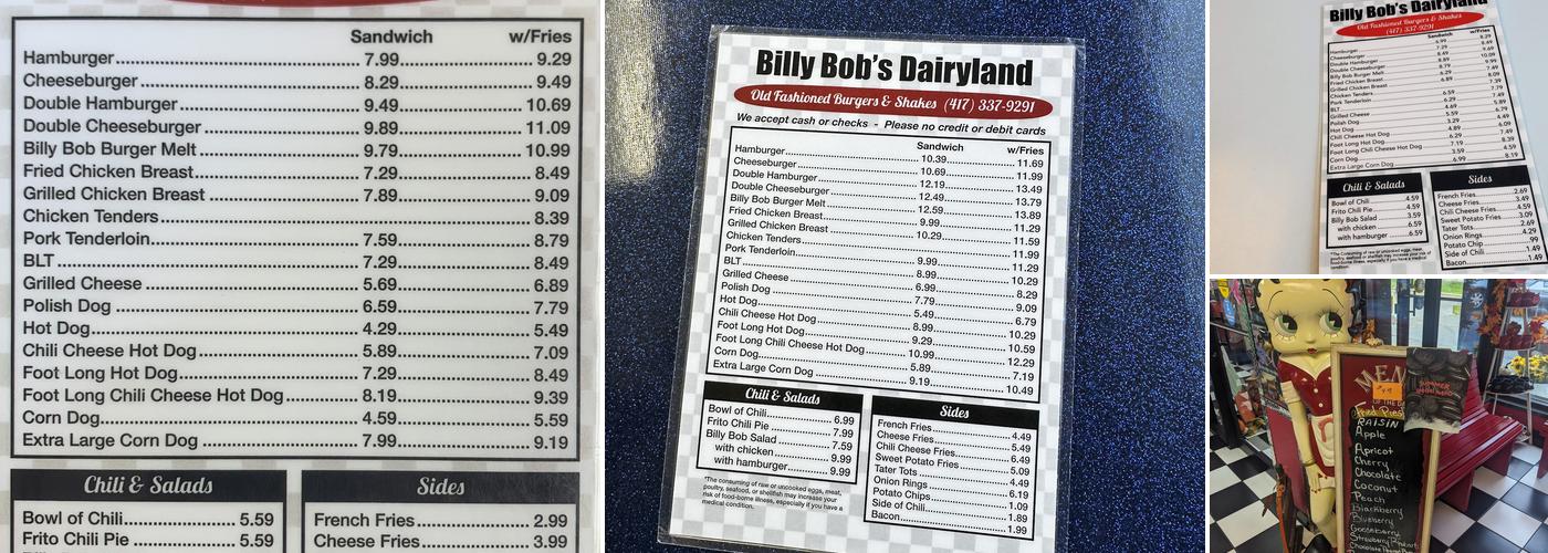 Billy Bob's Dairy Land Menu