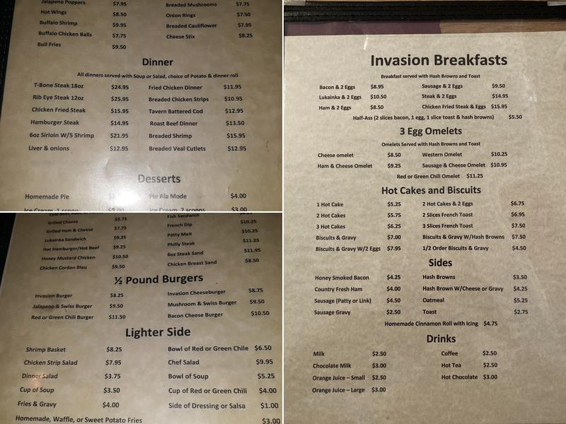 Invasion Bar & Restaurant Menu