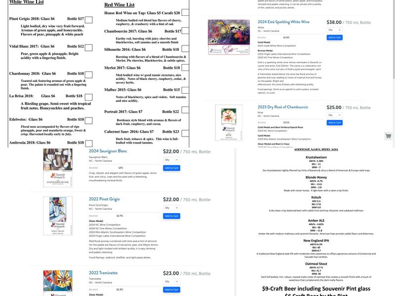 Davesté Vineyards Menu