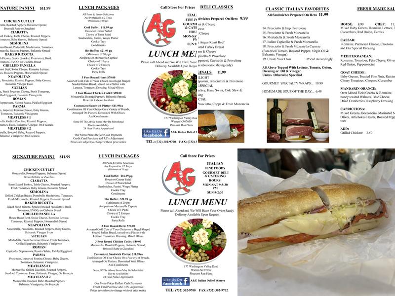 A & G Italian Fine Foods Menu