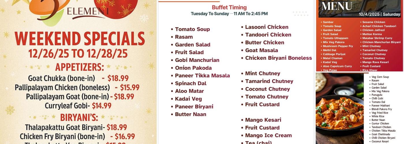 5th Element Authentic Indian Restaurant Menu