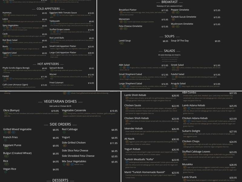 ABA Turkish Restaurant Menu