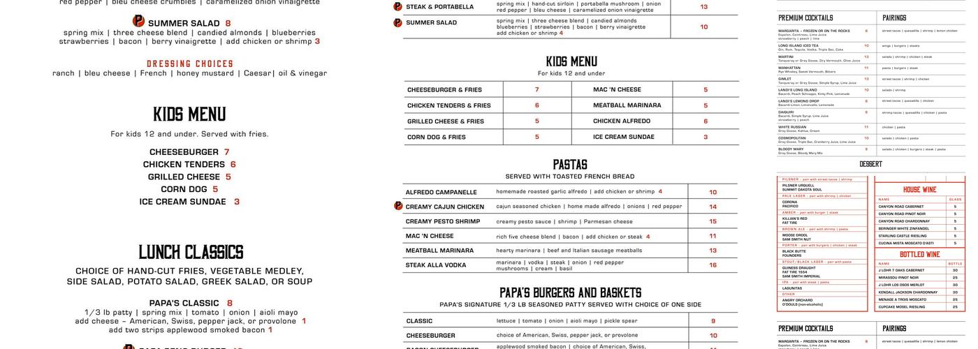 Papa’s Pub & Eatery Menu