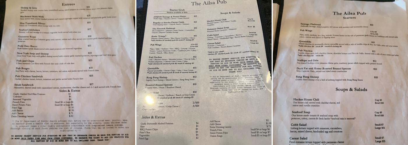 Ailsa Pub Menu