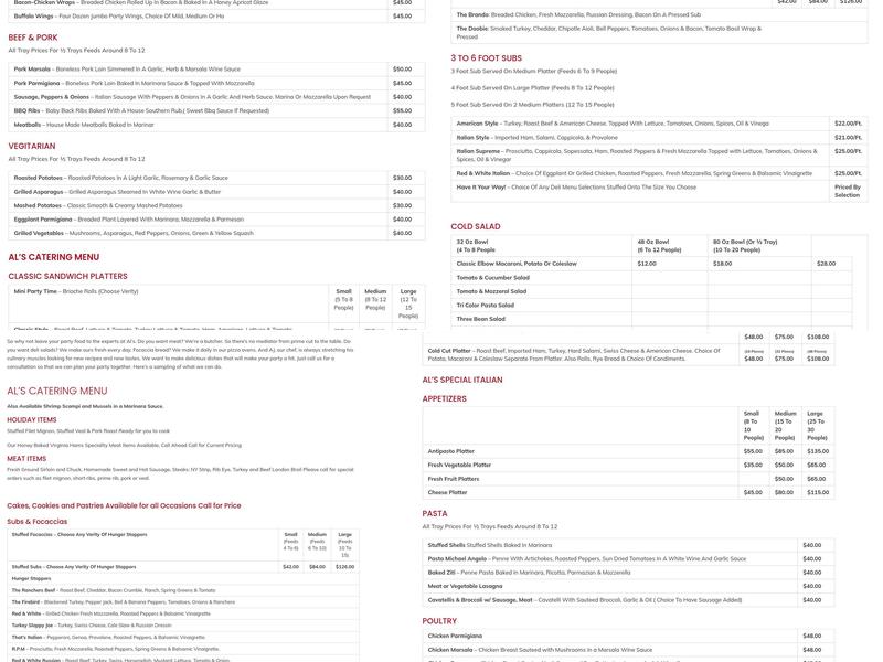 Al's Prime Meat & Deli Menu