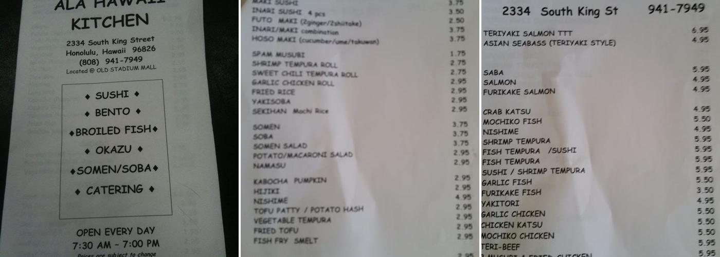 Ala Hawaii Kitchen Menu